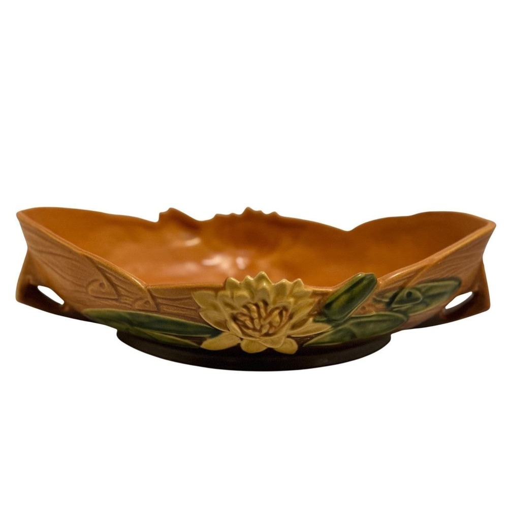 Vintage Roseville Water Lily 443-12 Brown Console Bowl 1940s Art Pottery